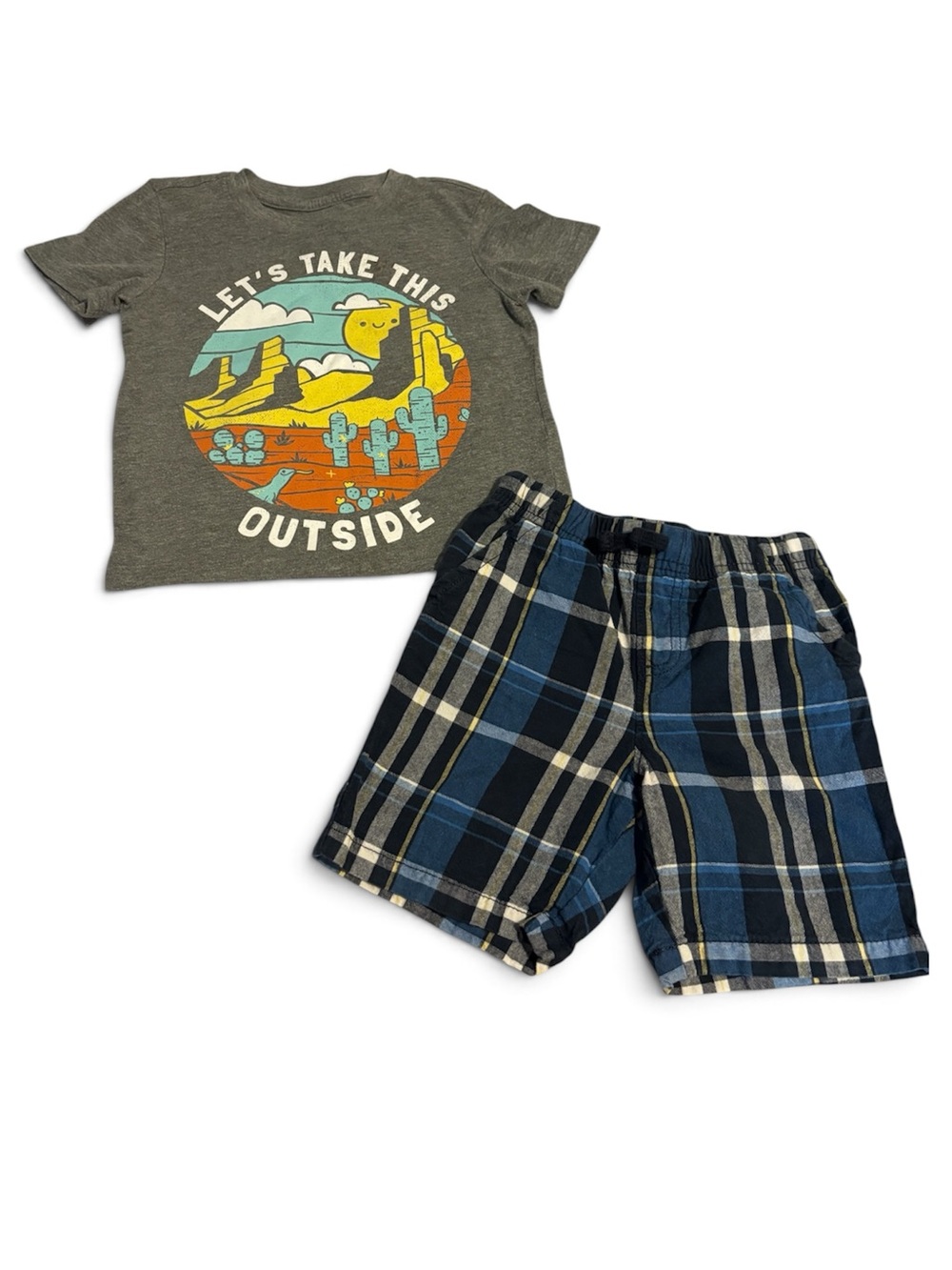 Kids Grey Graphic Tee and Blue Plaid Shorts Set